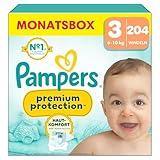 Pampers Premium Protection Größe 3, 204 Windeln, 6kg-10kg, Doppelter Schutz für die...