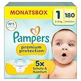 Pampers Premium Protection Größe 1, 180 Windeln, 2kg-5kg, Doppelter Schutz für die Haut...